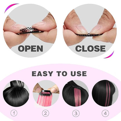 12 PCS Black Hair Extensions Clip in, Colored Party Highlights Extension for Girls Women Synthetic Hairpiece Straight 22 inch