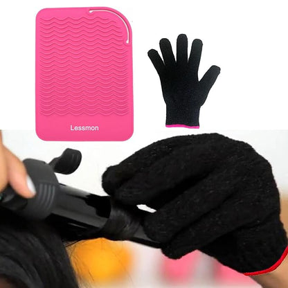 Flat Iron Travel Mat, Curling Iron Counter Protector with Heat Resistant Glove for Curling Irons, Hair Straightener, Flat Irons and Hair Styling Tools, 9” x 6.5”, Pink by Lessmon