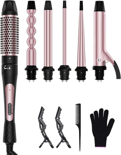 6 in 1 Curling Iron, Curling Wand Set with Thermal Brush (1.5inch) & 1inch Bubble Curling Wand and 3 Interchangeable Ceramic Barrel (0.35"-1.25"), Instant Heat Up With Comb & Protective Glove & 2 Clip
