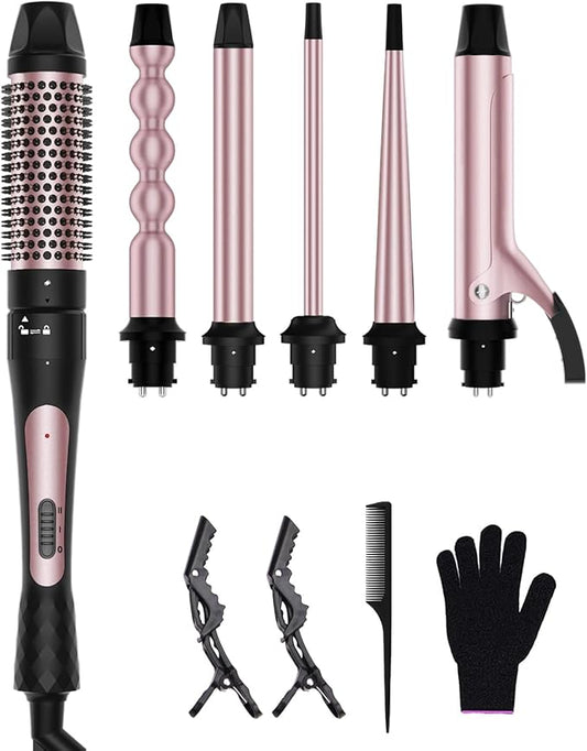 6 in 1 Curling Iron, Curling Wand Set with Thermal Brush (1.5inch) & 1inch Bubble Curling Wand and 3 Interchangeable Ceramic Barrel (0.35"-1.25"), Instant Heat Up With Comb & Protective Glove & 2 Clip
