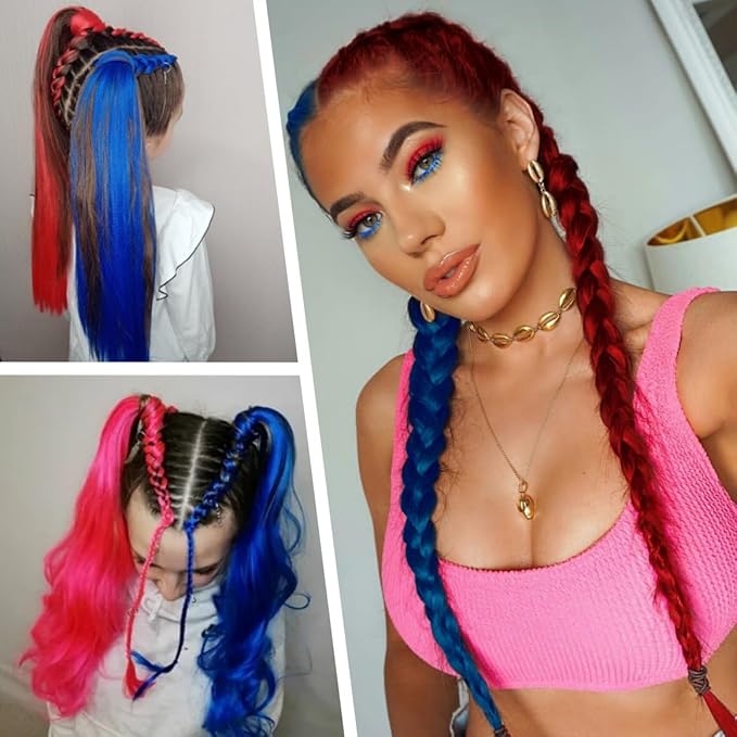 2 Pack Braid Ponytail Extension with Elastic Tie Straight Sleek Wrap Around Braid in Extensions Red Blue Contrast 26 Inch Hair Braid Extensions Ponytail for Girls(Red/Blue#)