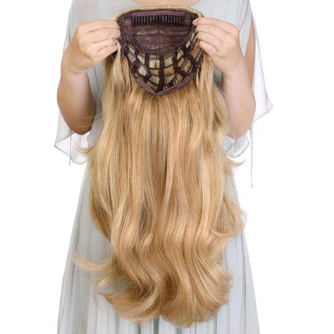 24 Inch Blond Wavy 3/4 Half Wig Long lightest Synthetic Hair Extensions Capless Wigs Hair Clips Extension For Women 210g（24“ #3）