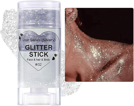 Mysense Silver Body Glitter Stick,Face Hair Glitter Makeup,Sparkling Mermaid Sequins Chunky Glitter Face Paint,Singer Concert Outfit Festival Rave Accessories for Women and Kids