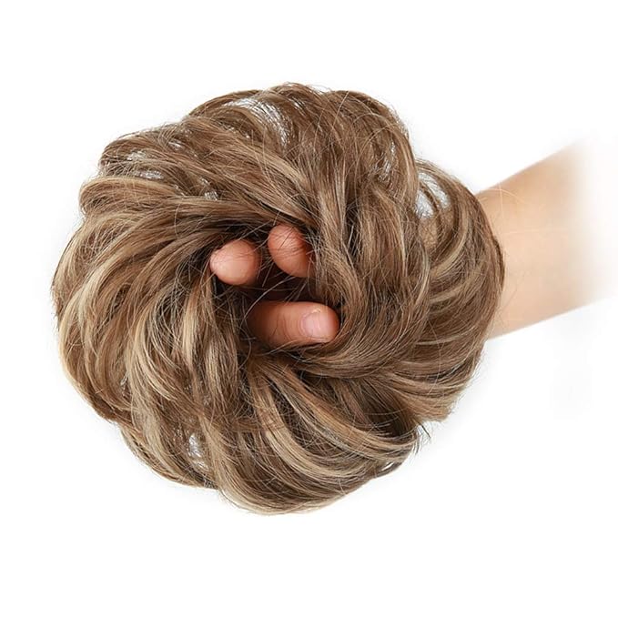 MORICA 1PCS Messy Hair Bun Hair Scrunchies Extension Curly Wavy Messy Bun Hair Synthetic Chignon Hairpieces for Women(12H24#(Light Golden Brown & Pale Golden Blonde))