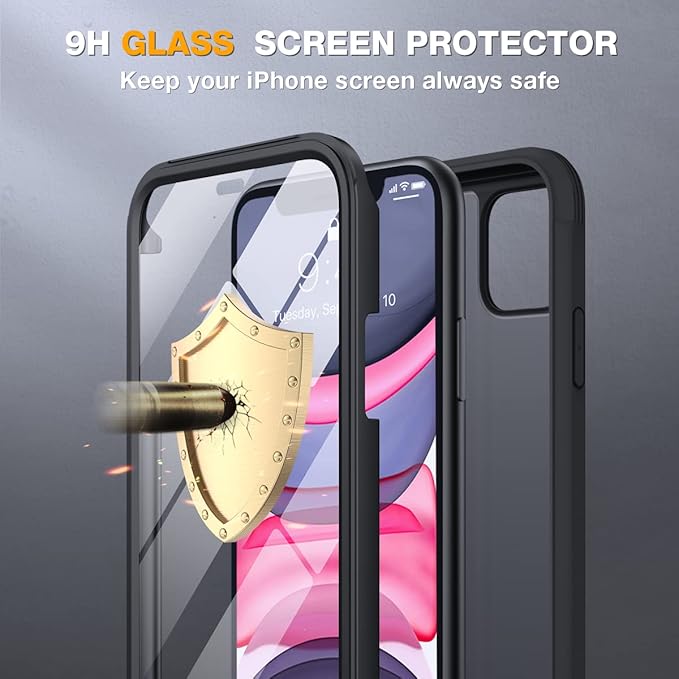 Miracase Glass Series Designed for iPhone 11 Case [2023 Upgraded] Full-Body Rugged Bumper Case with Built-in 9H Tempered Glass Screen Protector and Camera Protector (Matte Black)