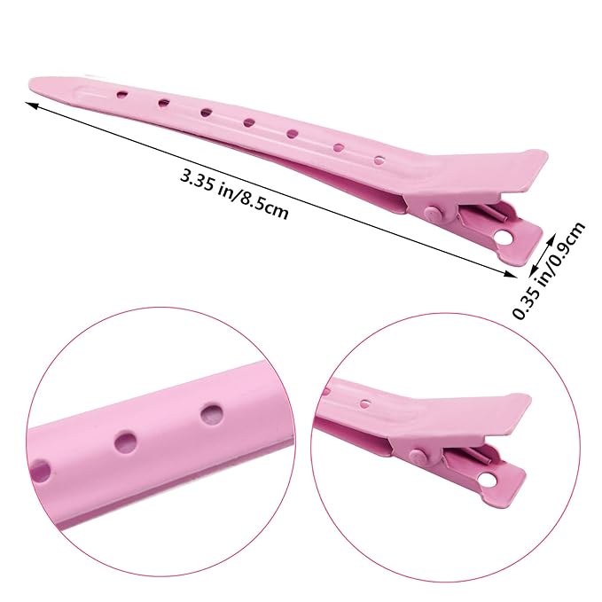 24 Packs Duck Bill Clips, Bantoye 3.35 Inches Rustproof Metal Alligator Curl Clips with Holes for Hair Styling, Hair Coloring, Pink