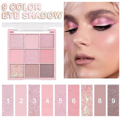 9 Colors Eye Shadow Palette Makeup,Light Pink Purple Matte Glitter Shimmer Nude Powder Eyeshadow,Waterproof Blendable Highly Pigmented Neutral Eyeshadow Long-lasting Naturing-Looking