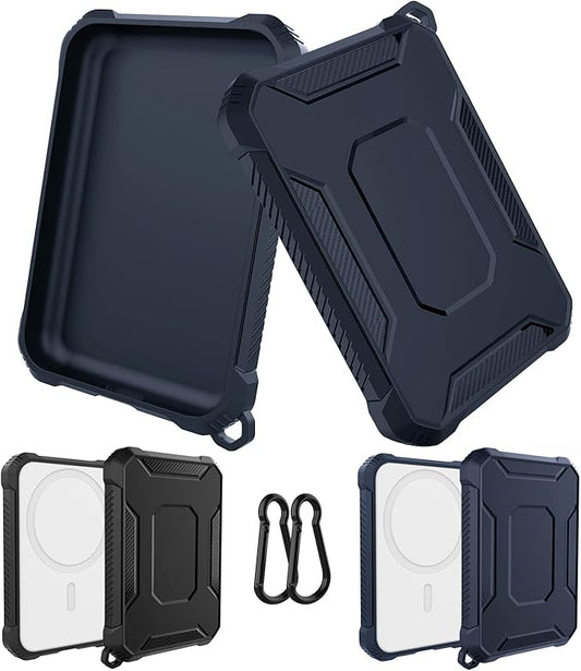 2 Pack Case Compatible with Magsafe Battery Pack Cover, Slim TPU Carbon Fiber Design Protective Case Cover with Keychain Anti-Shockproof Rugged Bumper Shell for Magsafe Battery Pack Black/Blue