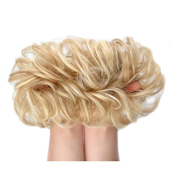 MORICA 2PCS Messy Bun HairPiece Scrunchies - Synthetic Scrunchies Curly Wavy Ponytail HairExtention for ThinHair Women (AshBlonde & BleachBlonde#)