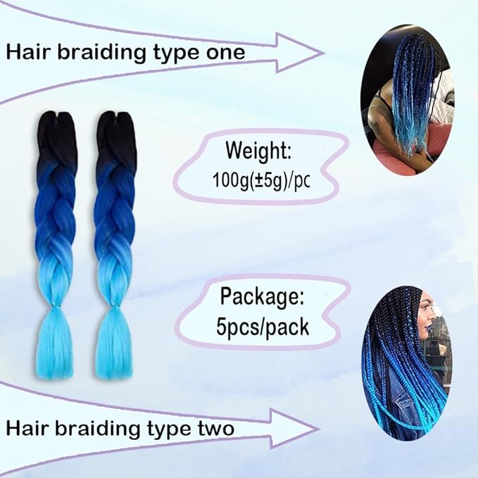 Ombre Braiding hair synthetic Crochet braids twist 24inch 5pcs/lot 100g Ombre two three tone Jumbo braid hair extensions Dreadlocks (black-blue-azure)