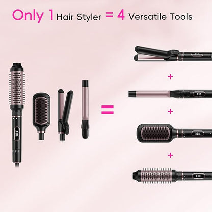 Nicebay Hair Straightening Brush Set with Thermal Brush Flat Iron, 1 Inch Ceramic Curling Iron, 5 Adjustable Temps Professional Fast Heat with Glove, Dual Voltage for Travel, Women Gifts