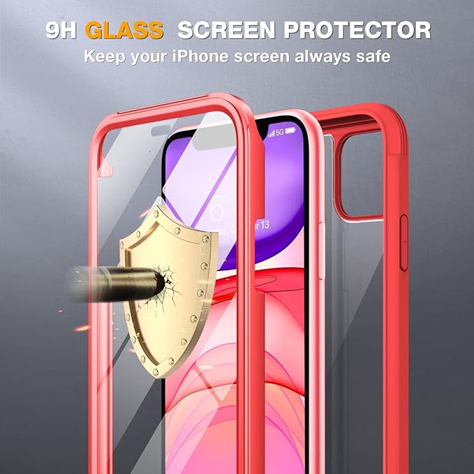 Miracase Glass Series Designed for iPhone 11 Case [2023 Upgraded] Full-Body Rugged Bumper Case with Built-in 9H Tempered Glass Screen Protector and Camera Protector (Red)