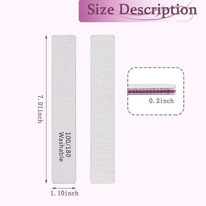 Nail File 12 PCS Professional Reusable 100/180 Grit Double Sides Washable Nail File Manicure Tools for Poly Nail Extension Gel and Acrylic Nails Tools Suit for Home Salon