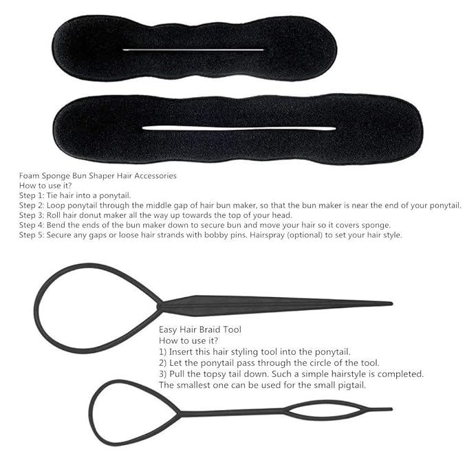 Hair Accessories Set: 3 Donut Bun Makers, 2 Foam Sponge Shapers, 1 French Twist Clip, 2 Snap Buns, 10 Elastics, 20 Pins (Black)