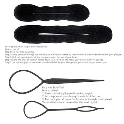 Hair Accessories Set: 3 Donut Bun Makers, 2 Foam Sponge Shapers, 1 French Twist Clip, 2 Snap Buns, 10 Elastics, 20 Pins (Black)