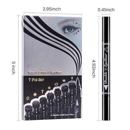 7Pcs Colored Liquid Eyeliners with Face Stamps – Black Brown Purple Blue Red Pink Green Star Flower Heart Moon Triangle Stamps for Cosplay & Gothic Makeup – Beginner-Friendly (multicolor-7Pcs-set02)