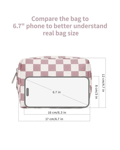 Narwey Small Checkered Makeup Bag for Purse Mini Pink Cosmetic Bag Travel Makeup Pouch Zipper Pouch Cute Make up Bags with Compartments for Women Girls (Dusty Rose Checkerboard, Small)