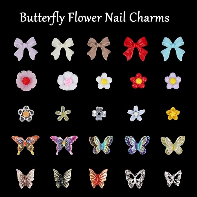 3D Butterfly Flower Nail Charms Acrylic Colorful Flowers Nail Charms with Starry AB Crystals Rhinestones Multi Sizes Pearls 2 Piece Set
