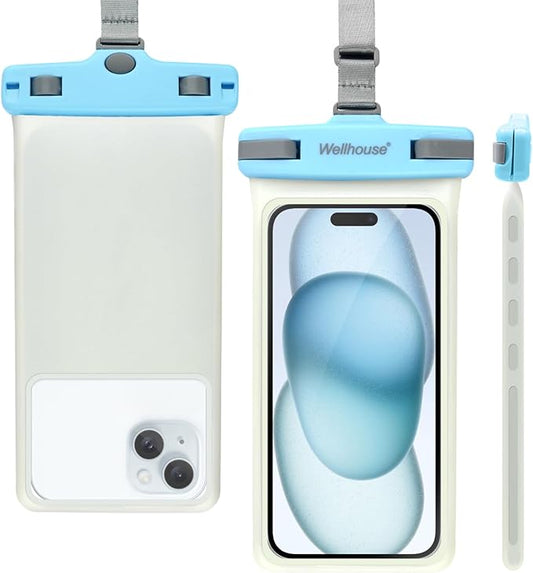 wellhouse Waterproof Phone Pouch, Waterproof Phone Case for iPhone 16 15 14 13 12 Pro Max XS Samsung, IPX8 3D Cellphone Dry Bag Beach Essentials (1 Pack - Luminous Light Blue7.0, 7 inch)