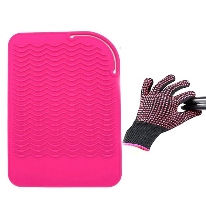 Heat Resistant Glove with Heat Resistant Mat for Curling Iron, Hair Straightener, Flat Irons, Silicone Bump Glove, 9” x 6.5” Food Grade Silicone Mat, Pink