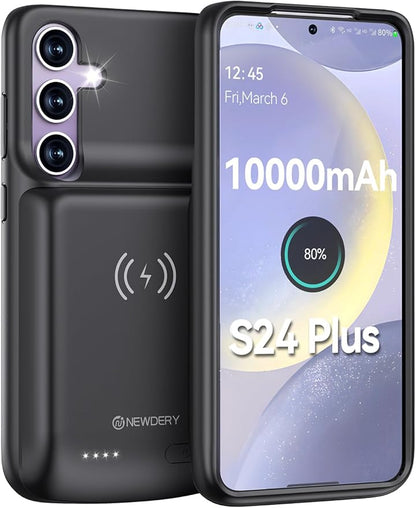 NEWDERY Battery Case for Samsung S24 Plus, 10000mAh Qi Wireless Charging, 18W Input Fast Charging, Sync Data Supported, Portable Rechargeable Charger Case Battery Pack for Galaxy S24 Plus 5G 6.7"