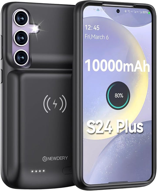 NEWDERY Battery Case for Samsung S24 Plus, 10000mAh Qi Wireless Charging, 18W Input Fast Charging, Sync Data Supported, Portable Rechargeable Charger Case Battery Pack for Galaxy S24 Plus 5G 6.7"