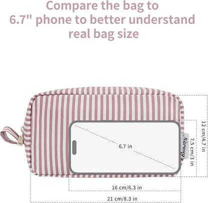 Narwey Cute Makeup Bag Small Toiletry Bag Travel Cosmetic Bag Organizer Make Up Bags with Organized Pockets for Women (Dusty Rose Stripe, Large)