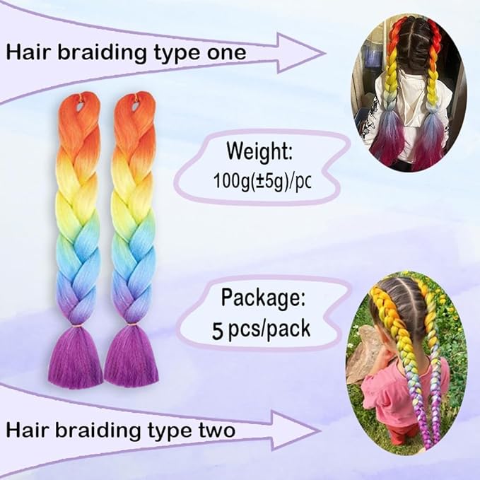 Ombre Braiding hair synthetic Crochet braids twist 24inch 5pcs/lot 100g Ombre two three tone Jumbo braid hair extensions Dreadlocks (rainbow)