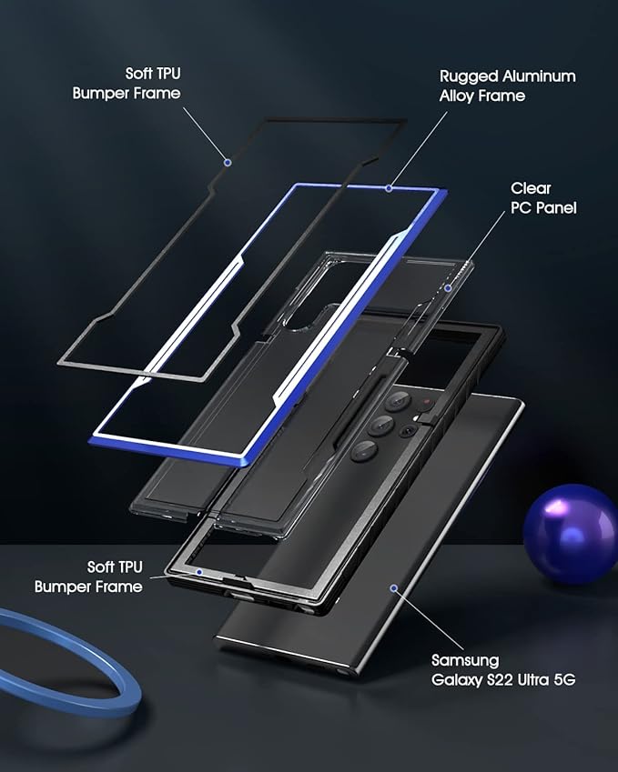 for Samsung Galaxy S22 Ultra Case-Aluminum Frame-10 FT Drop Tested,S22 Ultra Case with 1 Pack Camera Lens Protector+1 Pack Soft Screen Protector,Shockproof-Slim for S22 Ultra Case 6.8" (Blue)