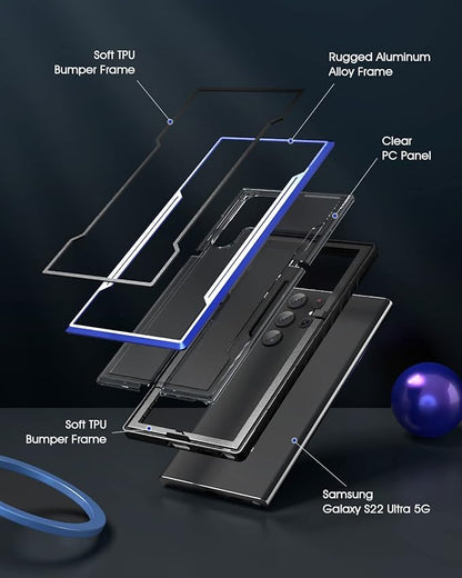 for Samsung Galaxy S22 Ultra Case-Aluminum Frame-10 FT Drop Tested,S22 Ultra Case with 1 Pack Camera Lens Protector+1 Pack Soft Screen Protector,Shockproof-Slim for S22 Ultra Case 6.8" (Blue)