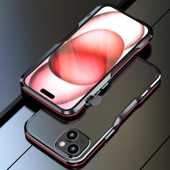 HENGHUI Aluminum Bumpers for iPhone 15 Bumper Case with Strap Hole Metal Frame Bumper Cover Shock Absorbent Slim Cool Design (Black+Red)