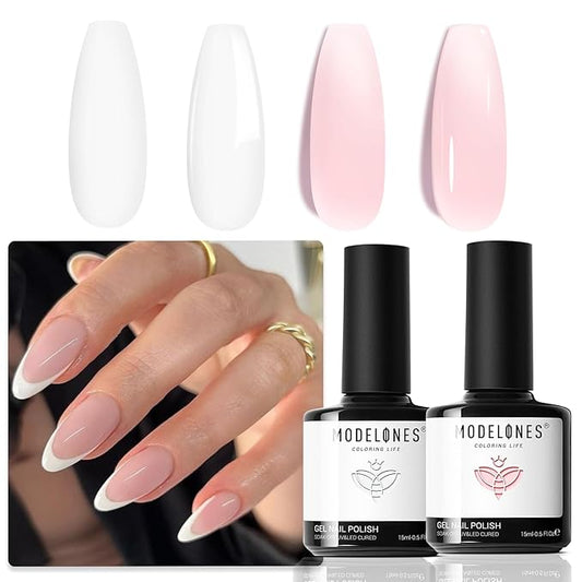 modelones Gel Nail Polish Set, 2 PCS 15 ML French Manicure White Pink Jelly Gel Polish Soak off U V LED Gel French Tip Gel Polish Spring Nails Art Manicure Home Gift For Women Girl