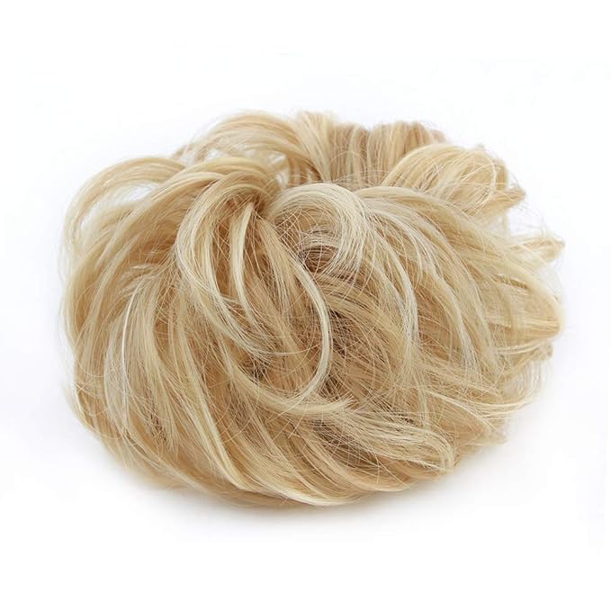 MORICA 2PCS Messy Bun HairPiece Scrunchies - Synthetic Scrunchies Curly Wavy Ponytail HairExtention for ThinHair Women (AshBlonde & BleachBlonde#)