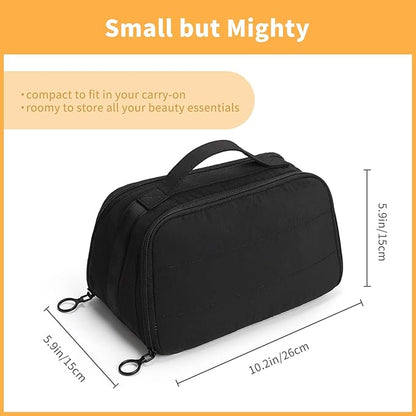 OCHEAL Travel Makeup Bag - Wide Open Cosmetic Bag for Women Make up with Two Compartments, Portable Lightweight Roomy Organizer Toiletry Bag for Girls Skincare tools Accessories-Black