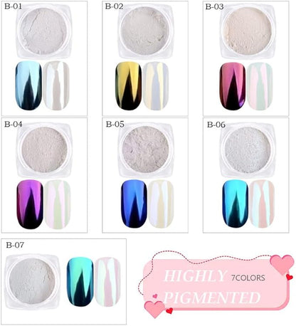 7 Colors White Pearl Chrome Nail Powder Aurora Metallic Nail Powder Holographic Mirror Effect Chrome Powder Iridescent Shell Powder Glitter Nail Art Pigment Manicure for Nails (White Pearl)