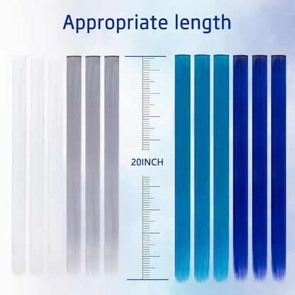 24 Pcs Colored Clip in Hair Extensions 20 Inch Long Straight Party Highlights Synthetic Hairpieces for Women Kids Girls(White, Gray, Blue, Navy blue)