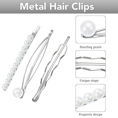 16 Pieces Geometric Metal Hair Pins, Silver Hair Pins Pearls Hair Clips Hair Barrettes Metal Bobby Pins for Woman Girls