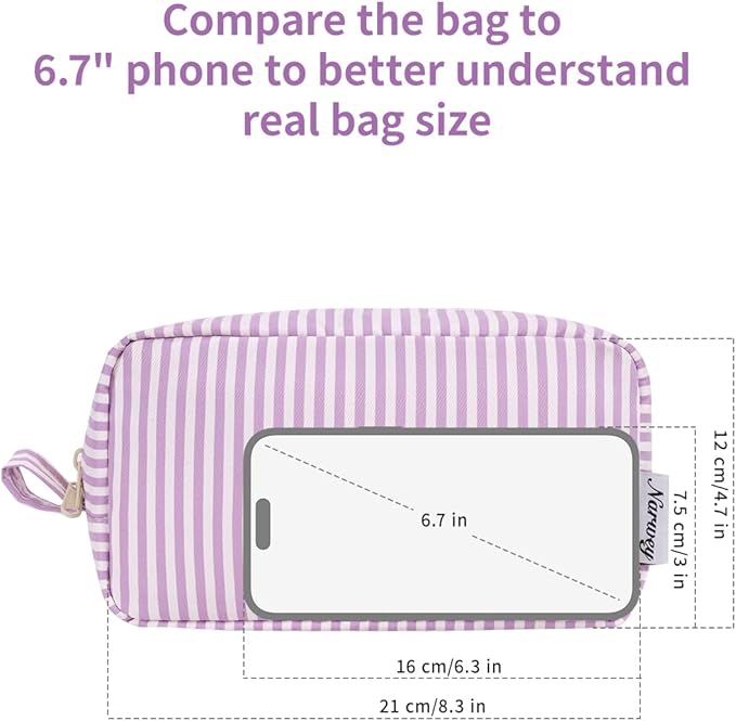Narwey Cute Makeup Bag Small Toiletry Bag Travel Cosmetic Bag Organizer Make Up Bags with Organized Pockets for Women (Purple Stripe, Large)