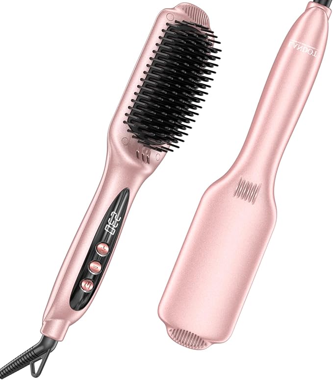 LANDOT Inoic Hair Straightener Brush for Smooth, Frizz-Free Results - Electric Heated Ceramic Straightening Brush Dual Voltage - Fast Heating Adjust Temp 250-450F for All Hair Types