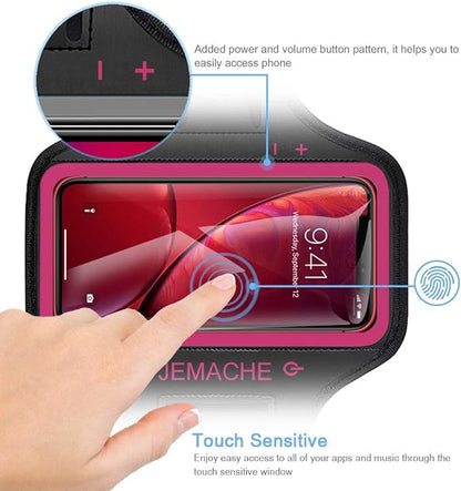 iPhone 16 15 14 Armband, JEMACHE Water Resistant Gym Running Workouts Arm Band for iPhone 16e 16 15 14 13 12 11 Pro with Key Holder (Rose)