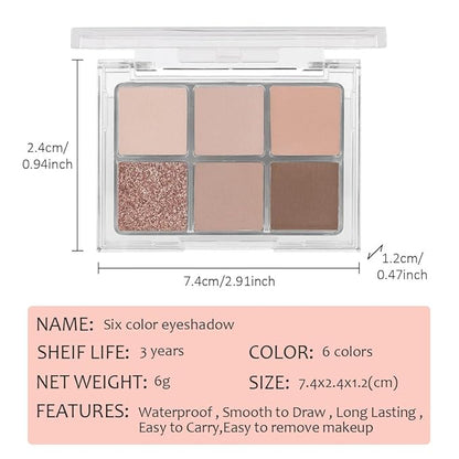 6 Colors Glitter Matte Eyeshadow Palette, Natural Nude Brown Coffee Shimmer Sparkly Eye Shadow Makeup, Warm Pastel Eyeshadows Palette Long Lasting Waterproof Naturing-Looking Women Girls Eye Shadow 02