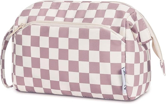 Narwey Checkered Makeup Bag Women Wide-open Make up Bag Travel Cosmetic Bag Organizer Toiletry Bag for Cosmetics Toiletries Accessories (Dusty Rose Checkerboard)