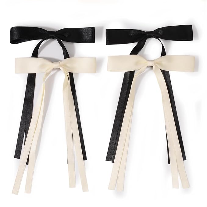 4 PCS Tassel Ribbon Bowknot Hair Clips With Long Tail for Women Girl Teens Kids, Solid Holder Fashion Bow Bowknot Hair Accessories Headwear Barrettes Claw(Black&Beige)
