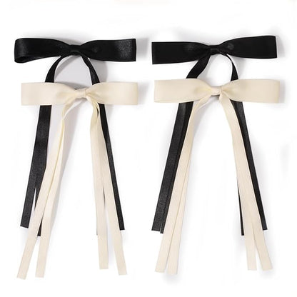 4 PCS Tassel Ribbon Bowknot Hair Clips With Long Tail for Women Girl Teens Kids, Solid Holder Fashion Bow Bowknot Hair Accessories Headwear Barrettes Claw(Black&Beige)