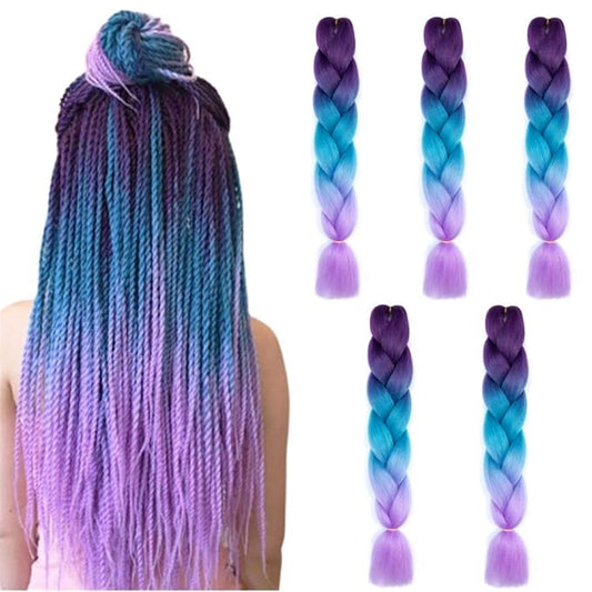 Ombre Braiding hair synthetic Crochet braids twist 24inch 5pcs/lot 100g Ombre two three tone Jumbo braid hair extensions Dreadlocks (Purple-Blue-Lavender)