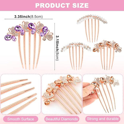 4 Pcs Pearl Rhinestones Hair Accessories, Pearl Hair Side Combs Clip Crystal Rhinestone Hair Combs for Women and Girls, Decorative Combs for Wedding Party Daily (Rose Gold)