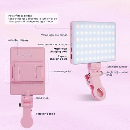 Inspack 60 LED Selfie Light for iPhone, with Back Clip & Front, Portable Phone Clip for Tiktok Video Recording, Zoom Calls Lighting Computer, High Power Rechargeable with 3 Light Modes, Pink