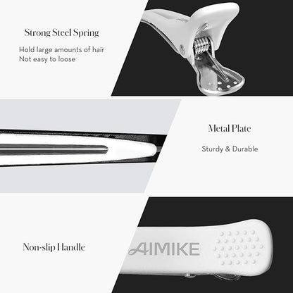 AIMIKE 4pcs Professional Hair Clips for Styling Sectioning, Non Slip No-Trace Duckbill Hair Clips w/Silicone Band, Salon and Home Hair Cutting Clips for Hairdresser, Women, Men - White & Black 4.3”