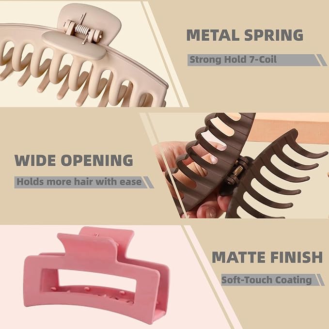 TOCESS 8 Pack Jumbo Hair Claw Clips for Women, Big 4.33 Inch Matte Finish Claw Clips, Durable Non-Slip Rectangle Claw Set for All Girls Hair Types like Thick, Thin, Wavy, or Straight Hair