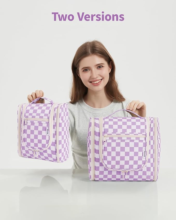 Narwey Small Checked Hanging Travel Toiletry Bag for Women, Travel Bag for Toiletries, Makeup Bag Organizer Cosmetic Bags Make Up Bags for Women (Purple Checkerboard)